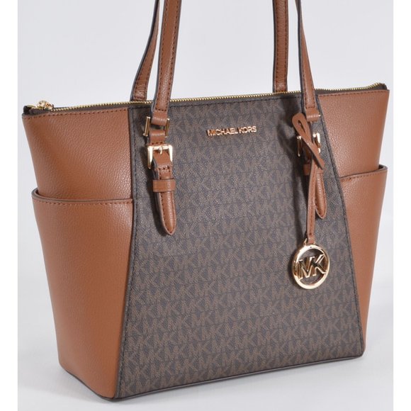 New Michael Kors $398 Brown Signature Logo CHARLOTTE Large Purse Tote Handbag